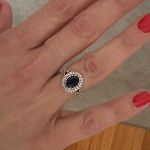 Lab created blue sapphire and silver CZ ring